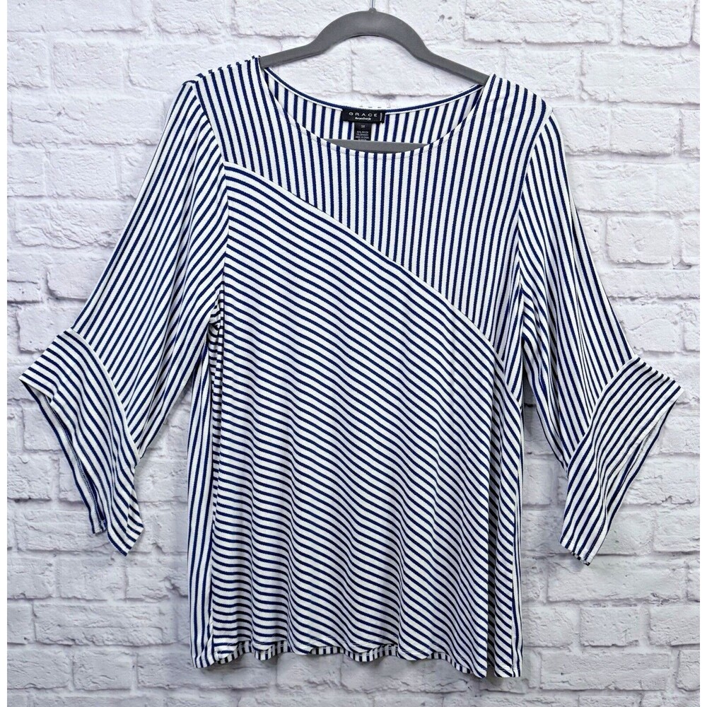 Grace The Perfect Fit Top Womens Shirt Blue White Multi Stripe 3/4 Sleeve 3X NWT